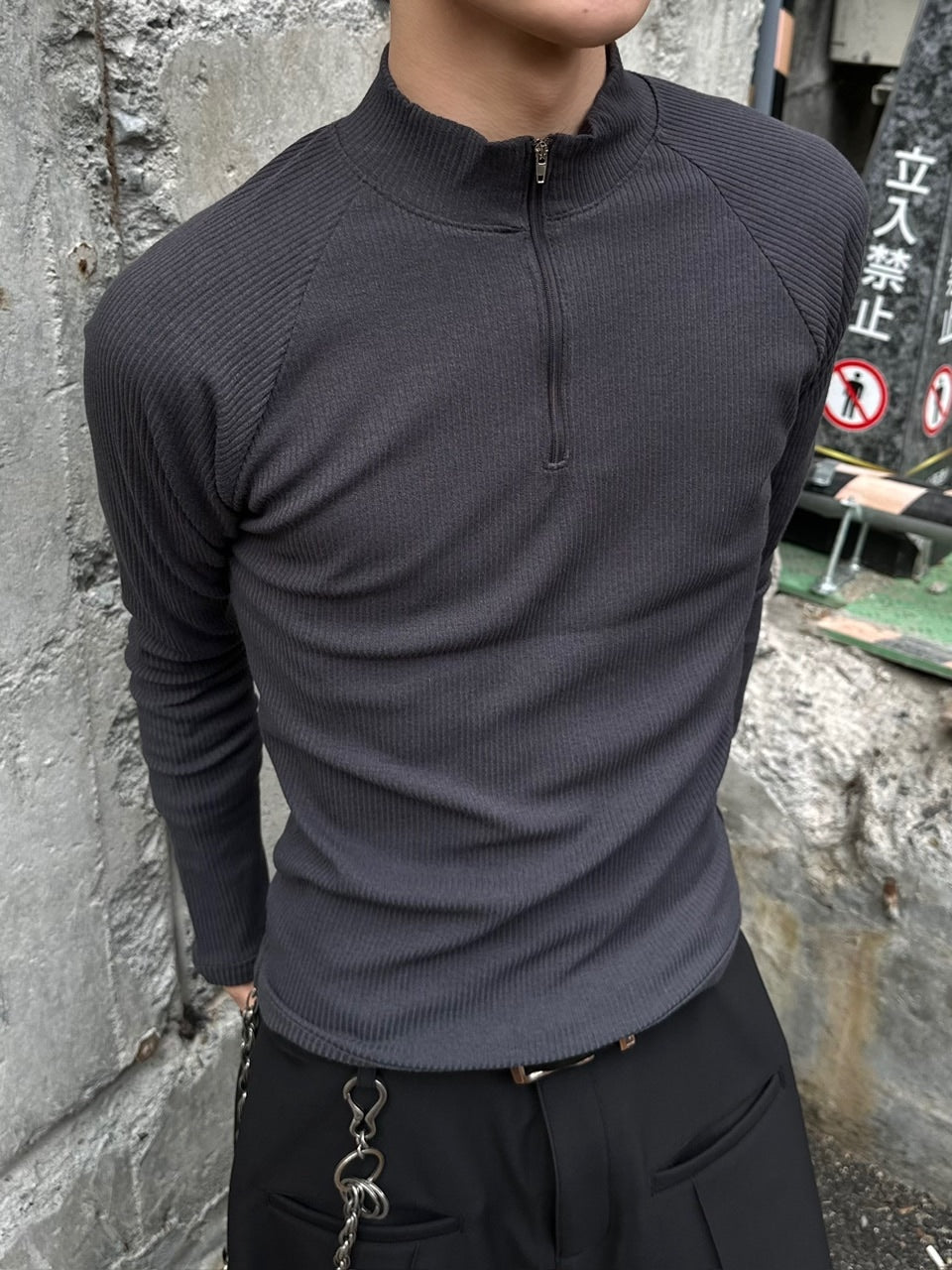 大阪店WEB限定受注制【Chikashitsu＋】mockneck zip long sleeve / 【チカシツプラス】モックネックジップ長袖Tシャツ (3color)