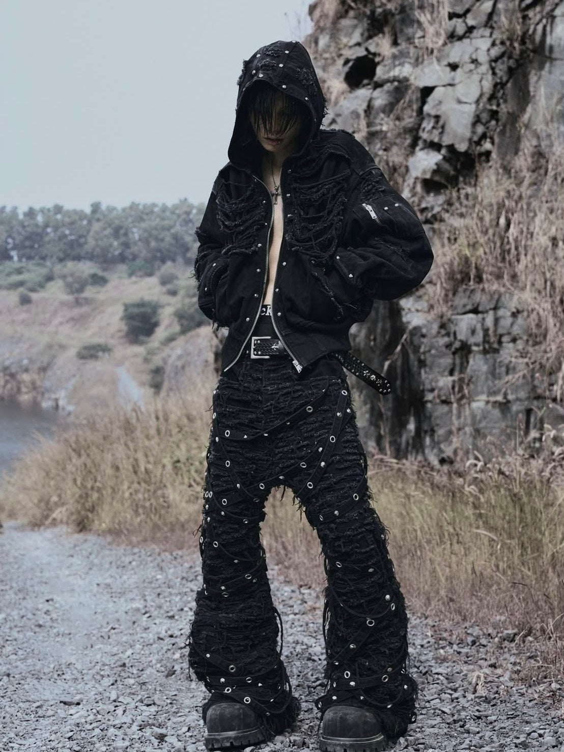 2/28 20:00 発売【UNIZ】Chainwrape Pants / 【ユニズ】アイレットチェーンデニムフレアパンツ