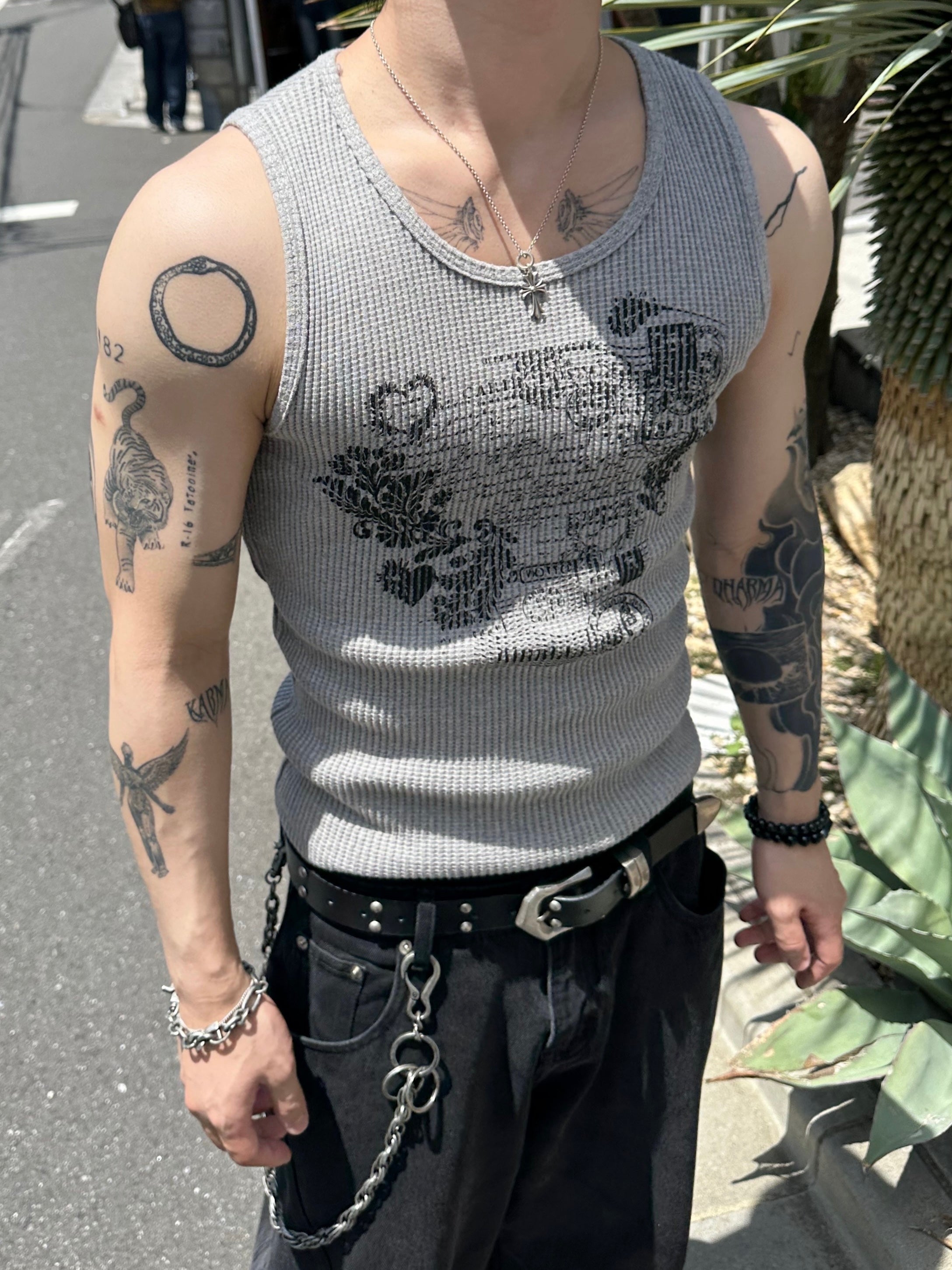 大阪店WEB限定受注制【Chikashitsu +】graphic waffle tank (2color)