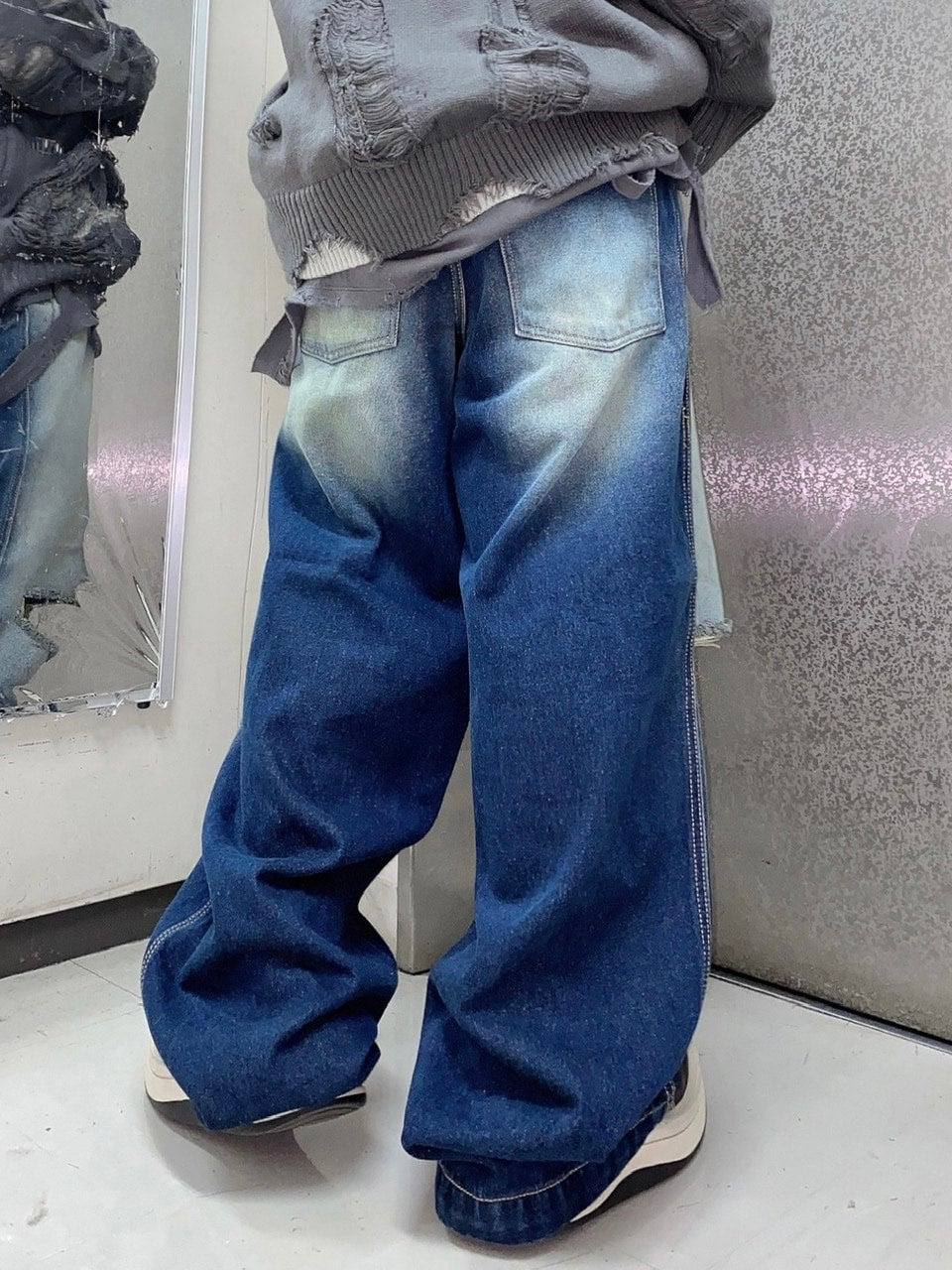 受注制【Never mind the XU】vintage wash damage denim pants (2color)