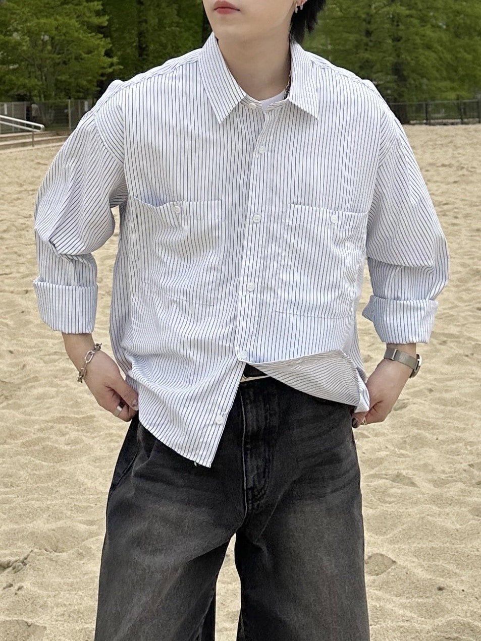 大阪店WEB限定受注制【Chikashitsu +】cropped stripe shirts (2color)