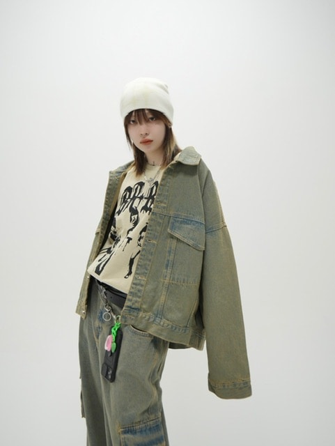 受注制【Never mind the XU】set up washed denim jacket (2color)