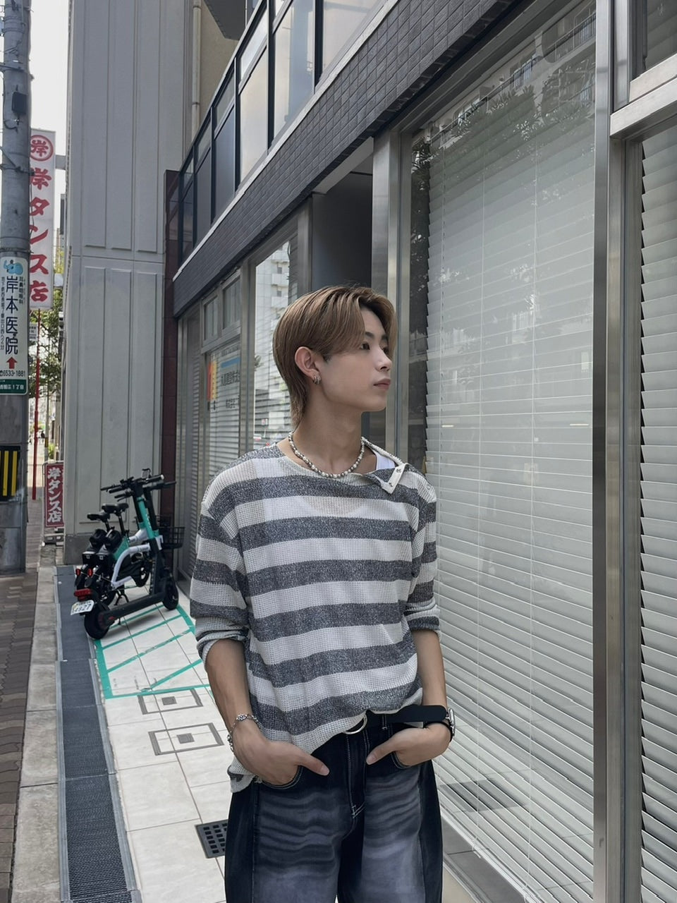 大阪店WEB限定受注制【Chikashitsu +】shoulder snap border knit (2color)