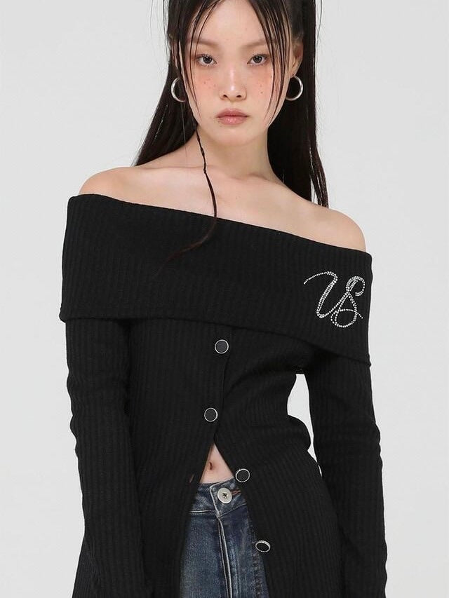 【Uglyshadow】BEAD KNIT OFF-SHOULDER / 【アグリーシャドウ】ビーズロングオフショルダー長袖カーディガン