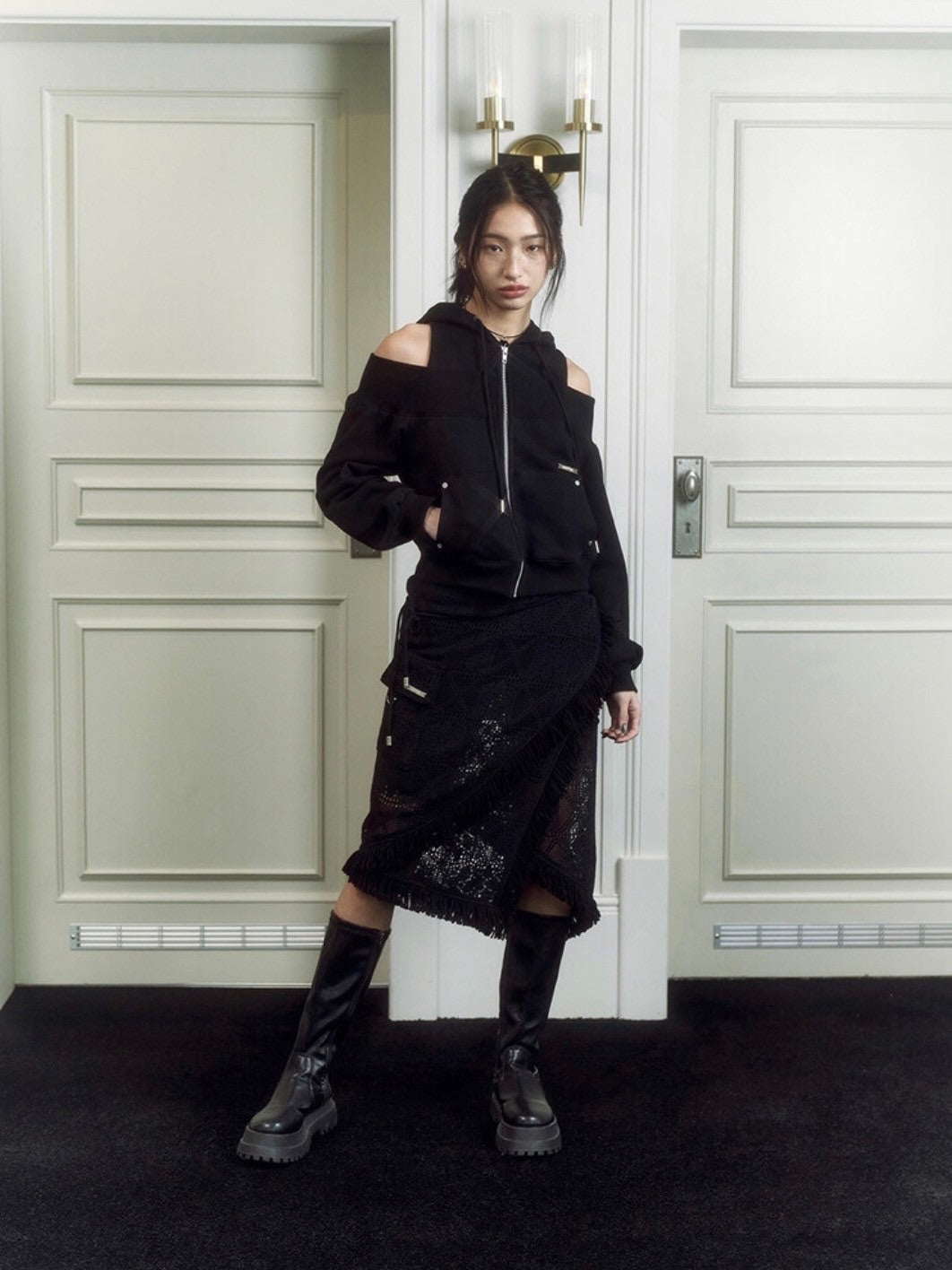 【NOT KNOWING】Open Shoulder Zip Up Hoodie / 【ノットノーイング】オープンショルダージップアップパーカー