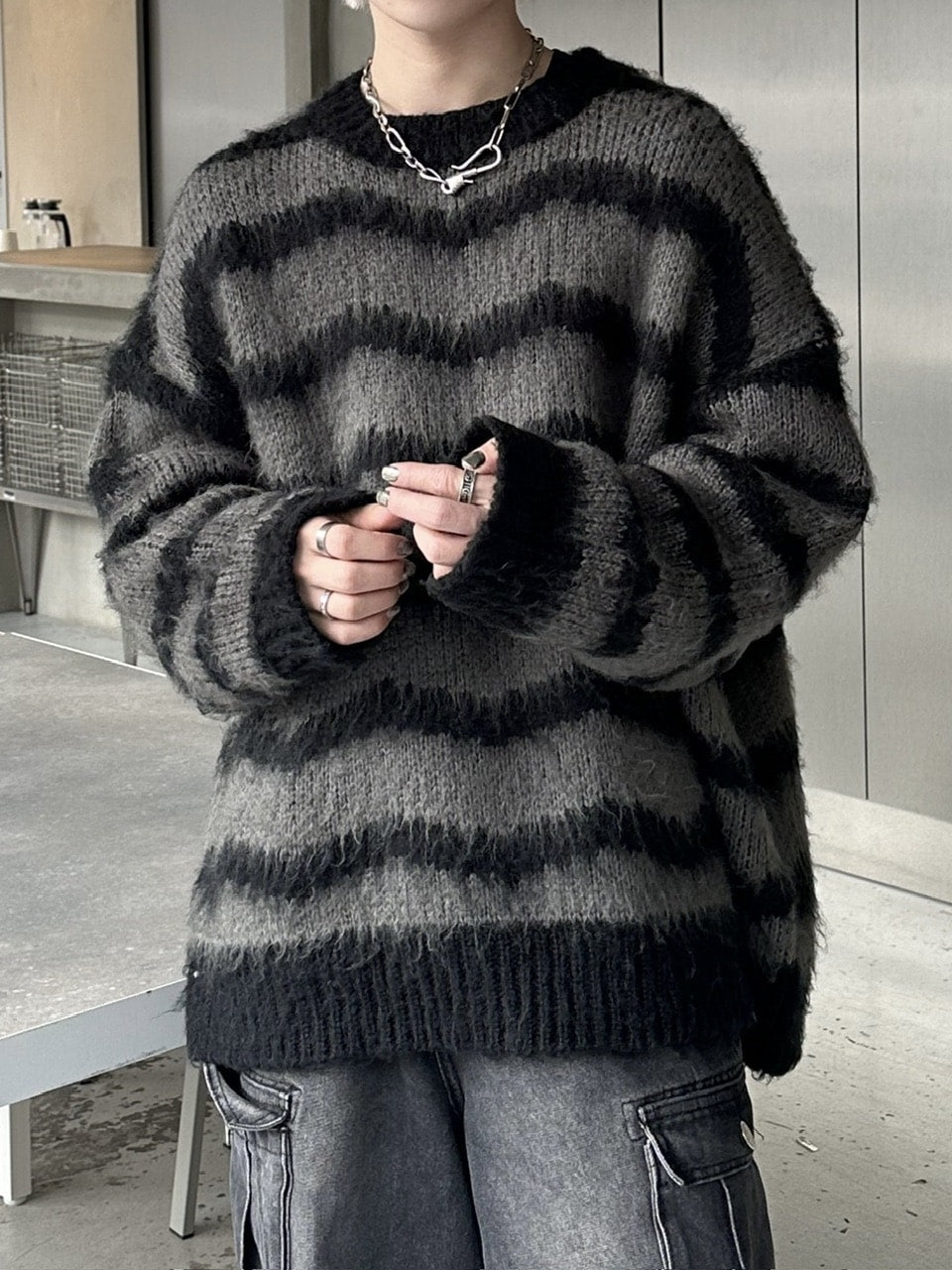 大阪店WEB限定受注制【Chikashitsu +】oversized wave border knit