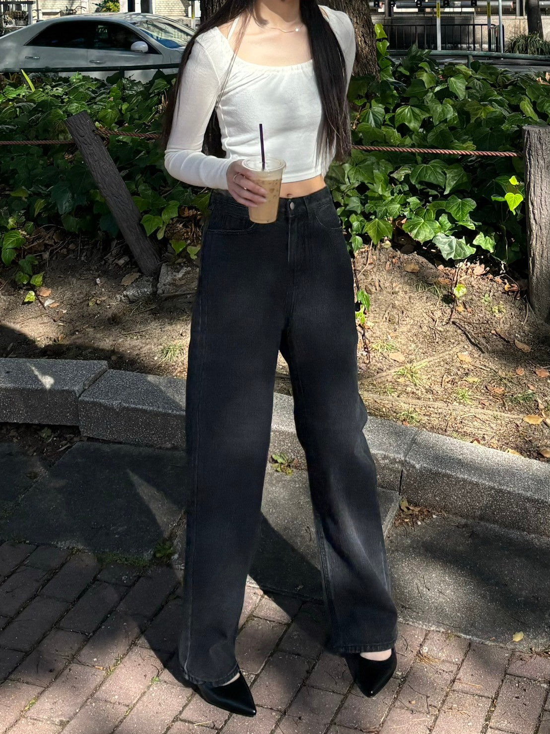 受注制【Chikashitsu + LADIES】wide fit black denim pants