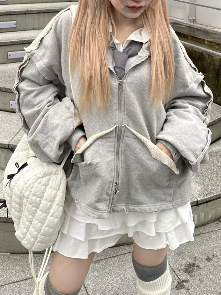 受注制【nmtc +】reverse design damage zip up hoodie (3color)