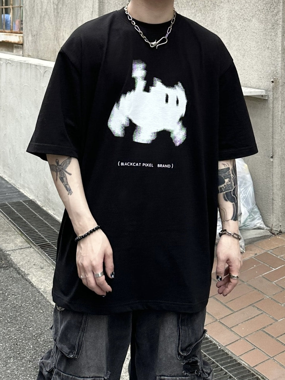 大阪店WEB限定【Chikashitsu +】oversized pixel cats t-shirt (2color)