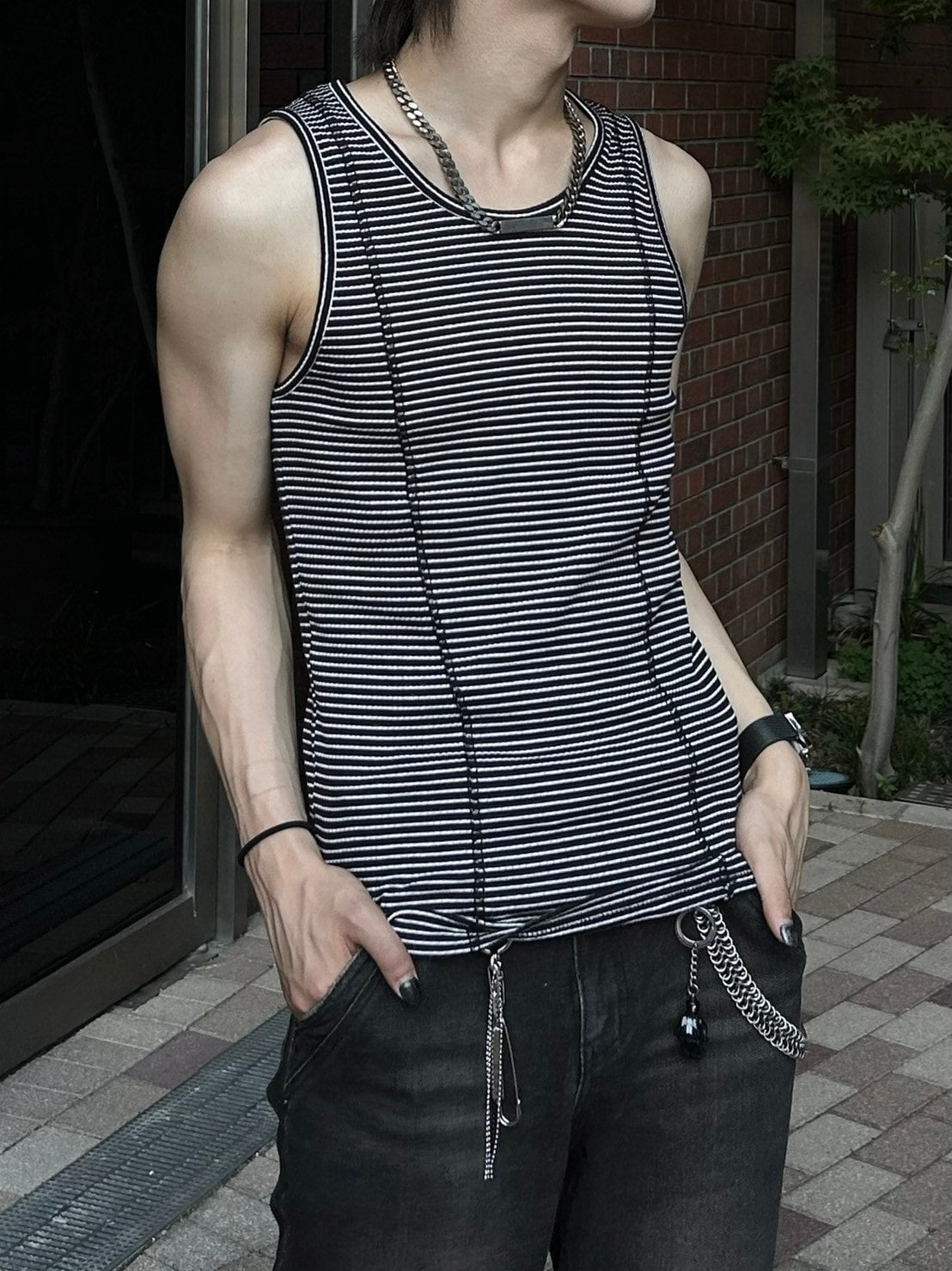 受注制【Chikashitsu +】border stitch rib sleeveless (2color) / 【チカシツプラス】ボーダーステッチリブタンクトップ