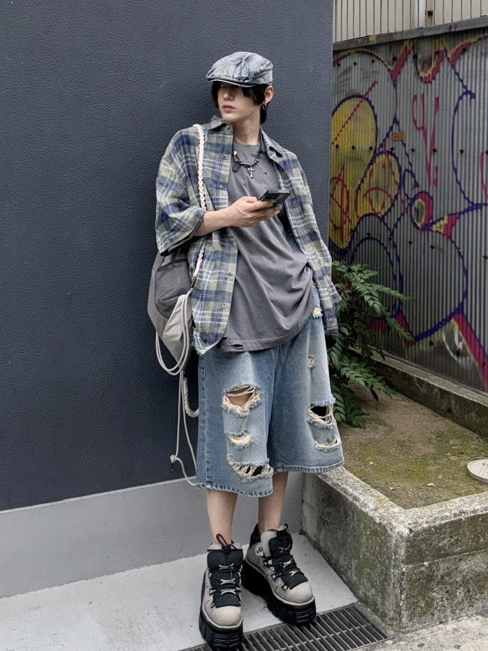 受注制【Never mind the XU】damage denim shorts 2 (2color)