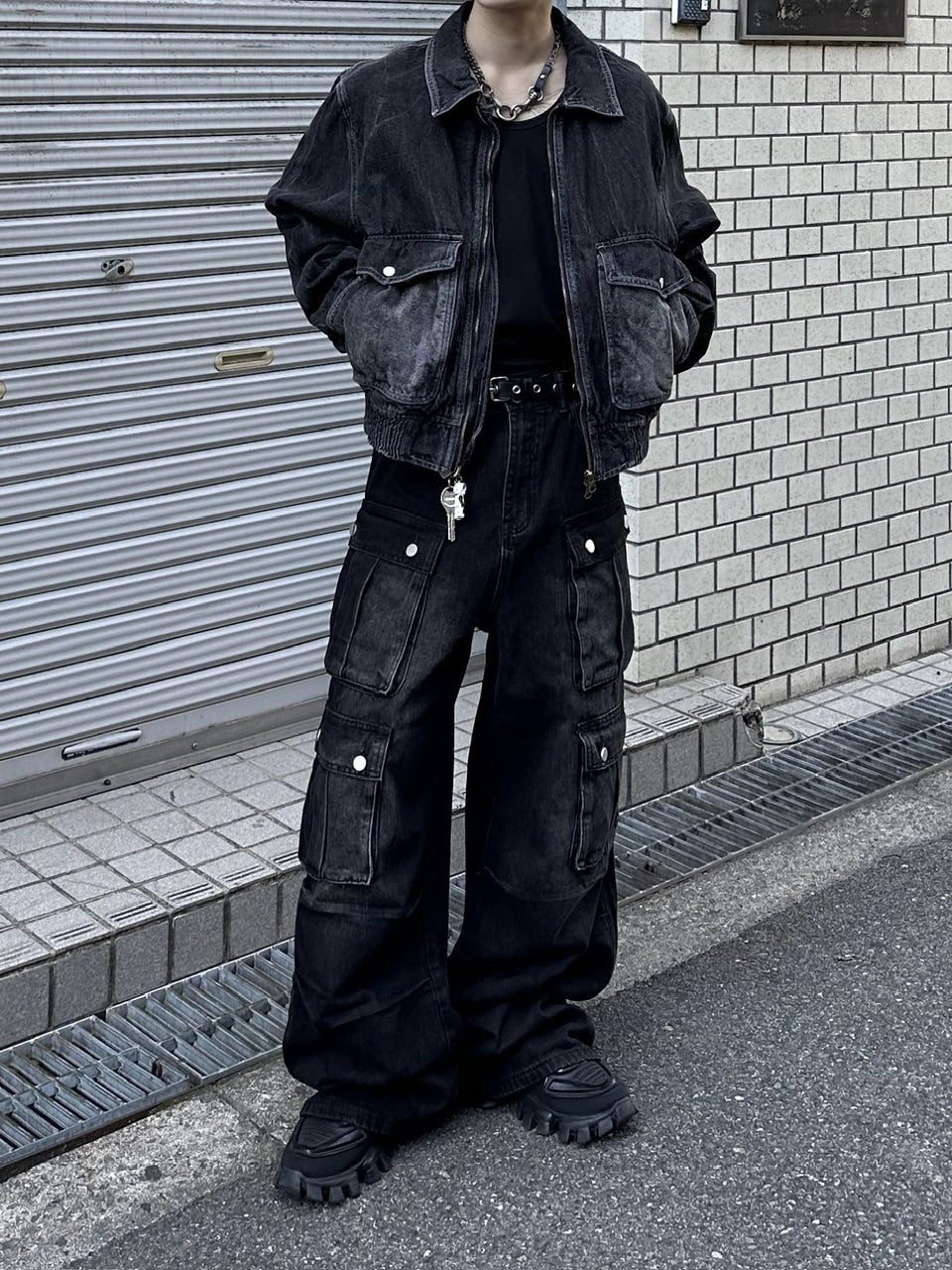 大阪店WEB限定受注制【Chikashitsu +】vintage wash cropped denim jacket (black)