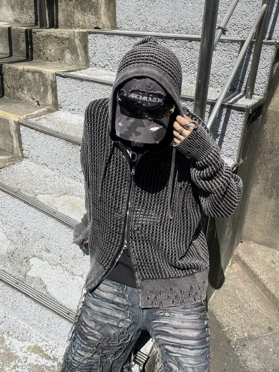 受注制【Never mind the XU】mesh zip damage hoodie (2color) / 【ネバーマインド ザ エックスユー】メッシュダメージジップアップ長袖パーカー