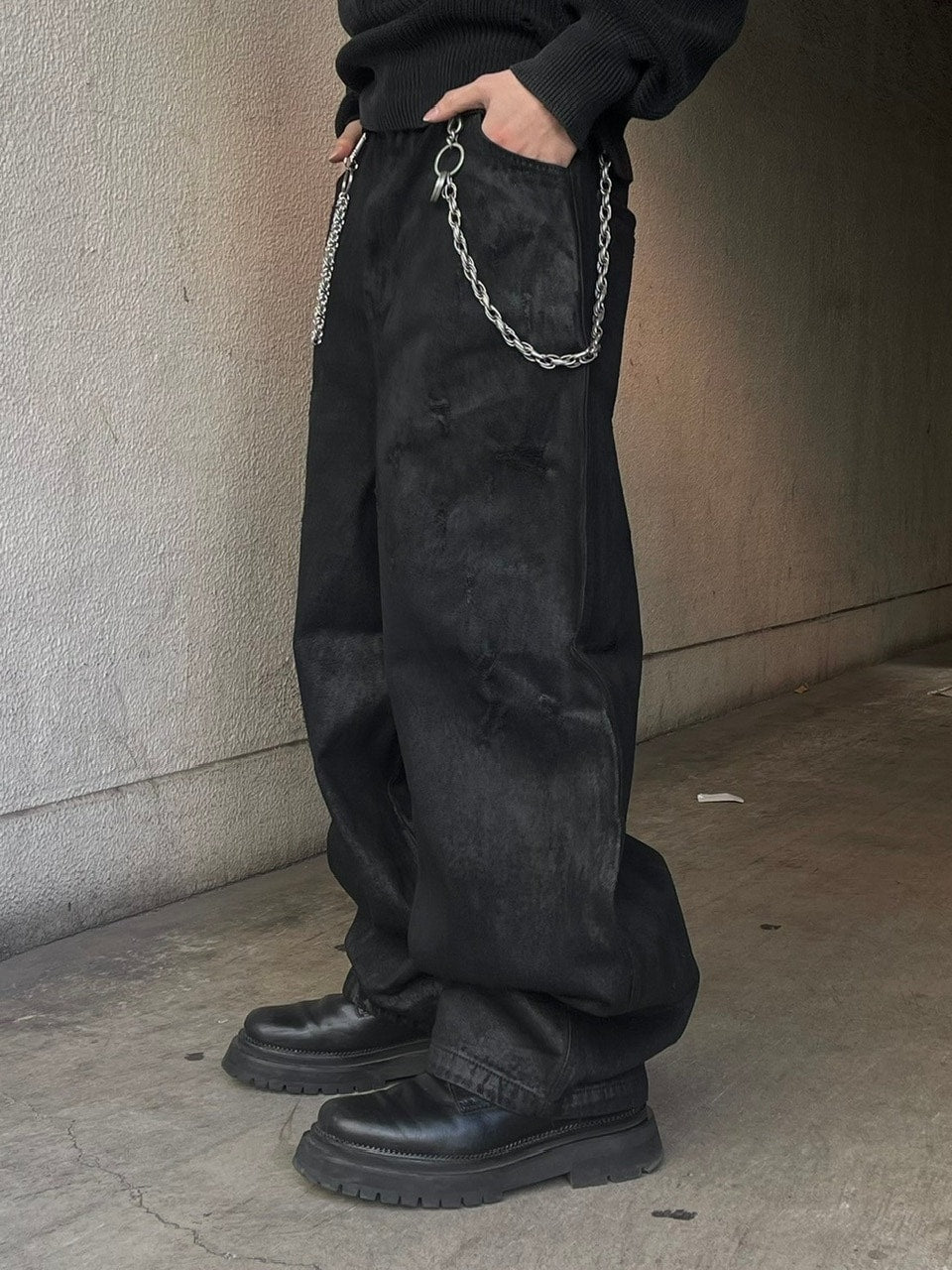 受注制【Chikashitsu +】coating damage wide denim pants / 【チカシツプラス】コーティングダメージワイドデニムパンツ