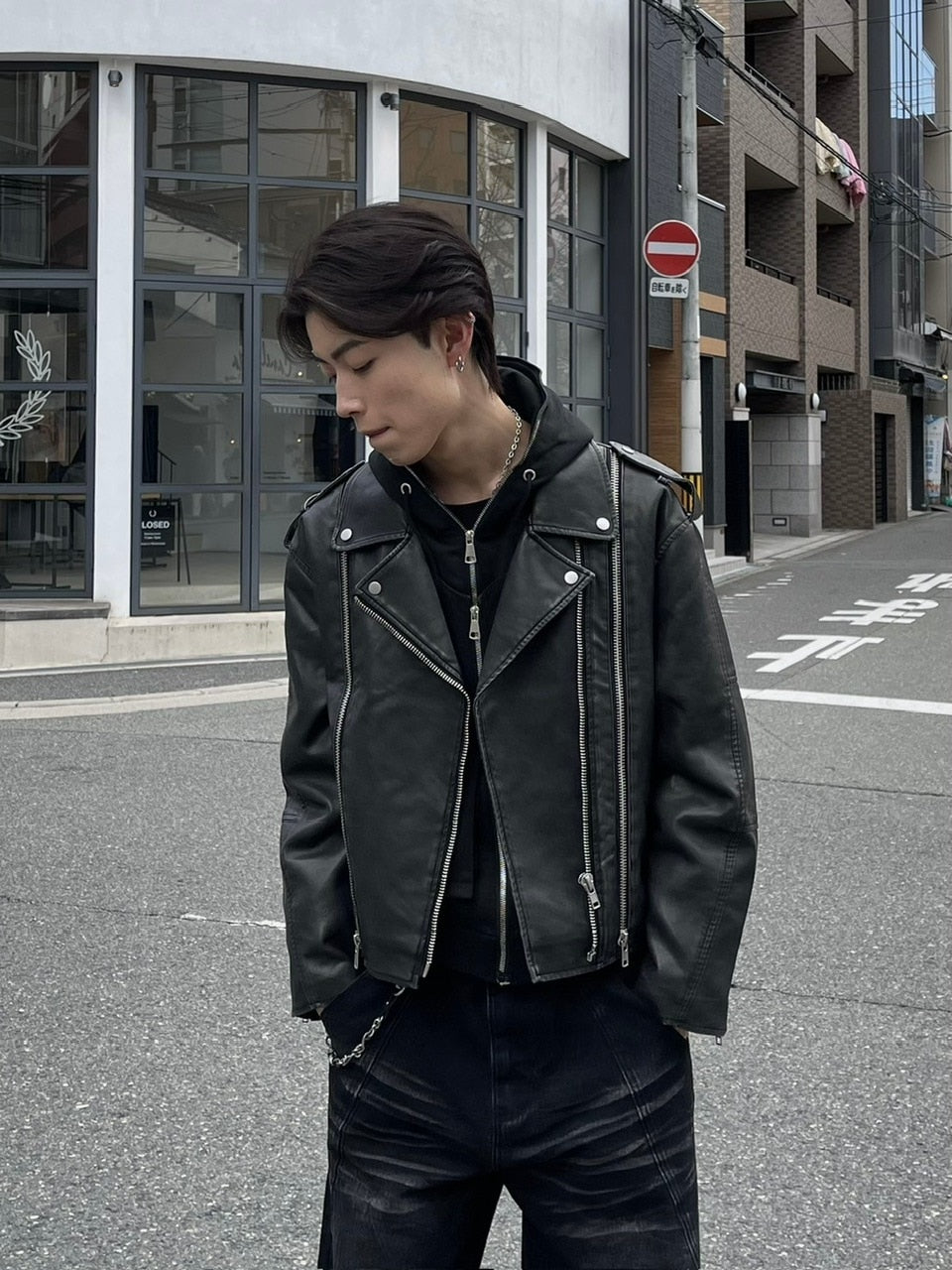 受注制【Chikashitsu +】aging wash cropped riders jacket