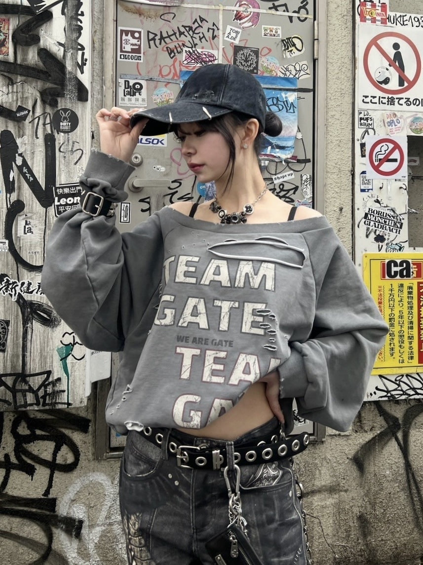 受注制【Never mind the XU】damage off shoulder sweat (2color)