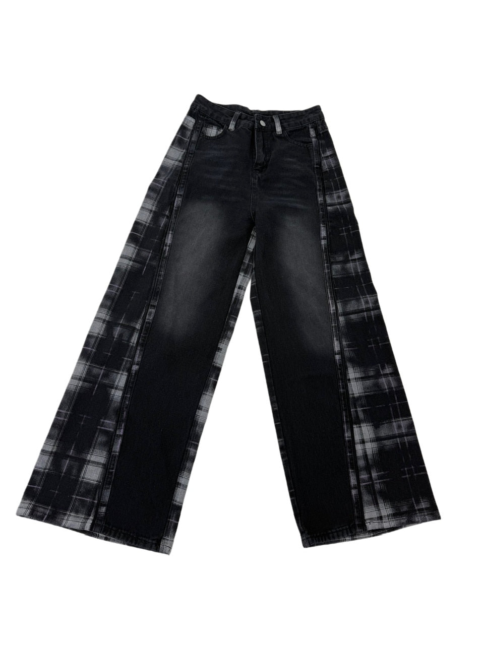 即日発送可【S】ブラックHigh waist check pants 国際配送【Nerd out XU】high waist check wide denim pants