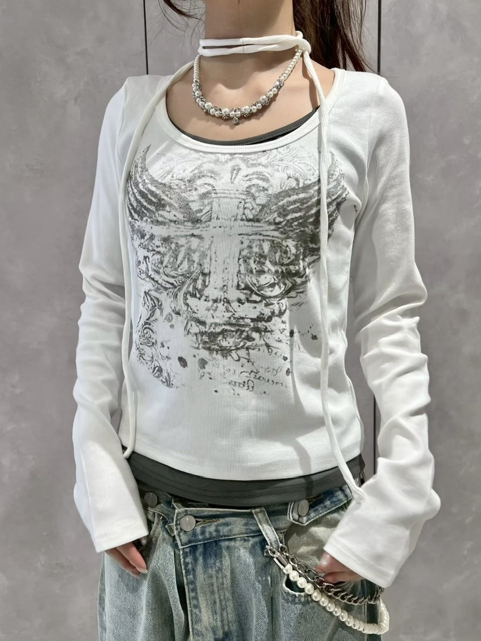 【Never mind the XU】tie set cross wing long sleeve tee (3color) / 【ネバーマインドザエックスユー】ネクタイセットクロスウィングプリント長袖Tシャツ