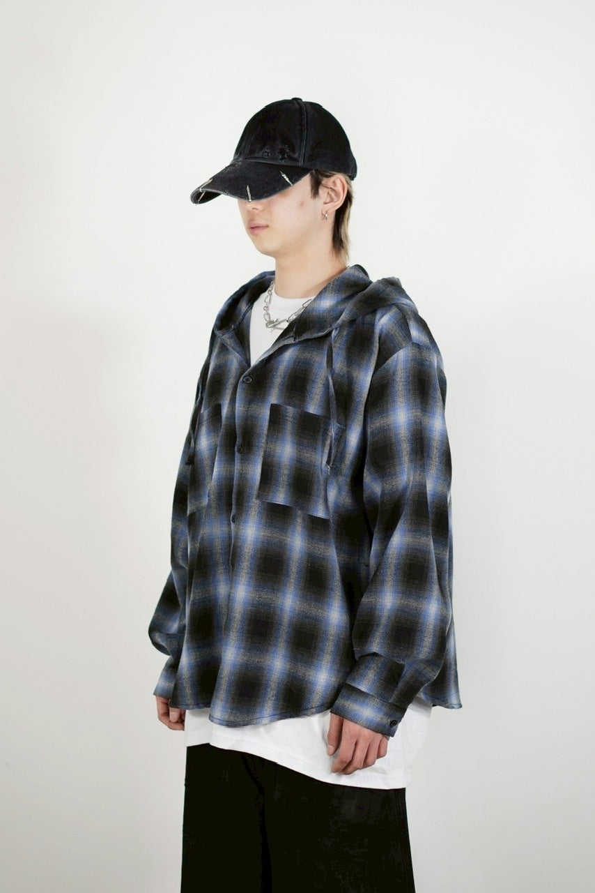 受注制【Chikashitsu +】tartan check hooded shirt (3color) / 【チカシツプラス】タータンチェックフード付き長袖シャツ