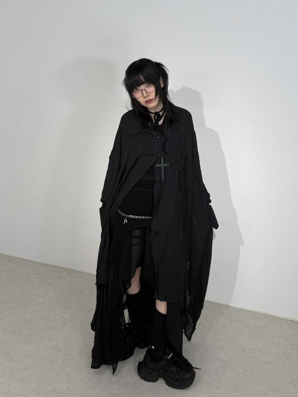 国際配送【Nerd out XU】asymmetry sheer long skirt (2color)