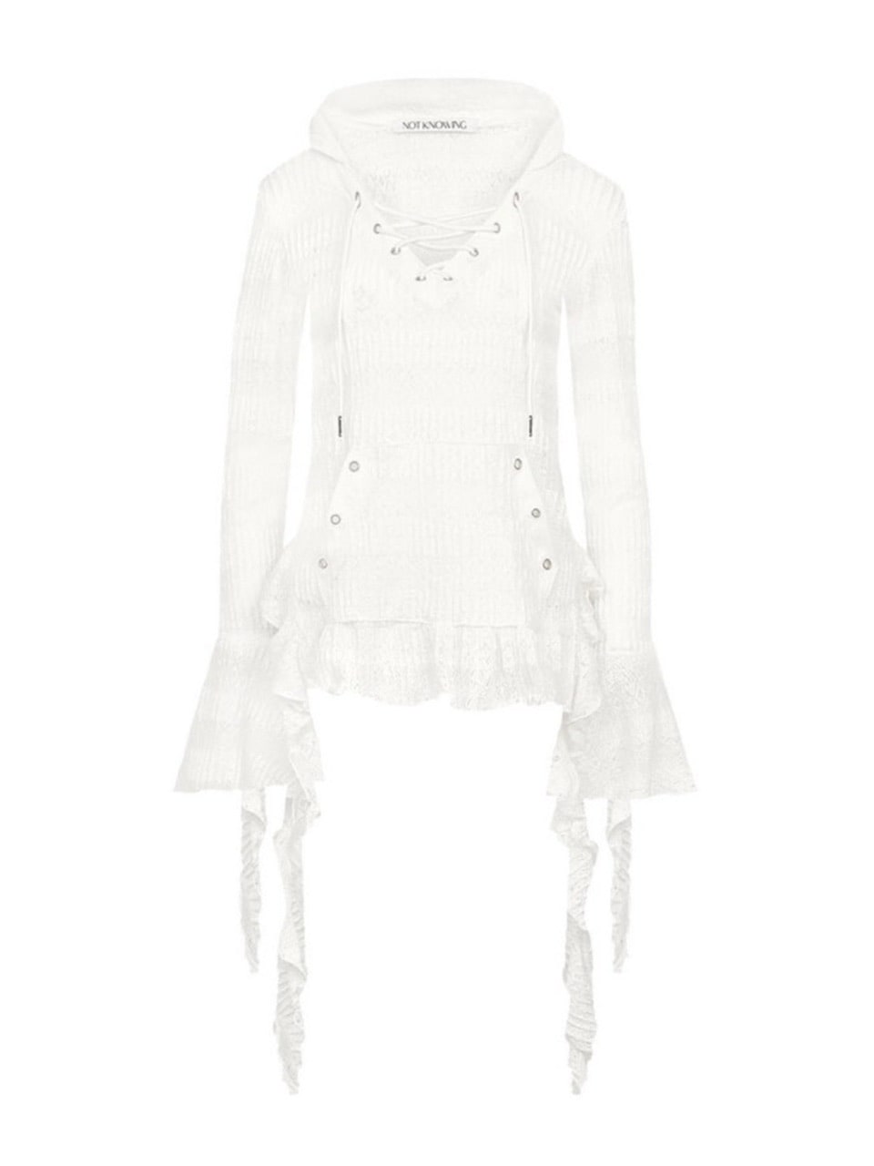 【NOT KNOWING】Lace V Neck Ruffle Hoodie