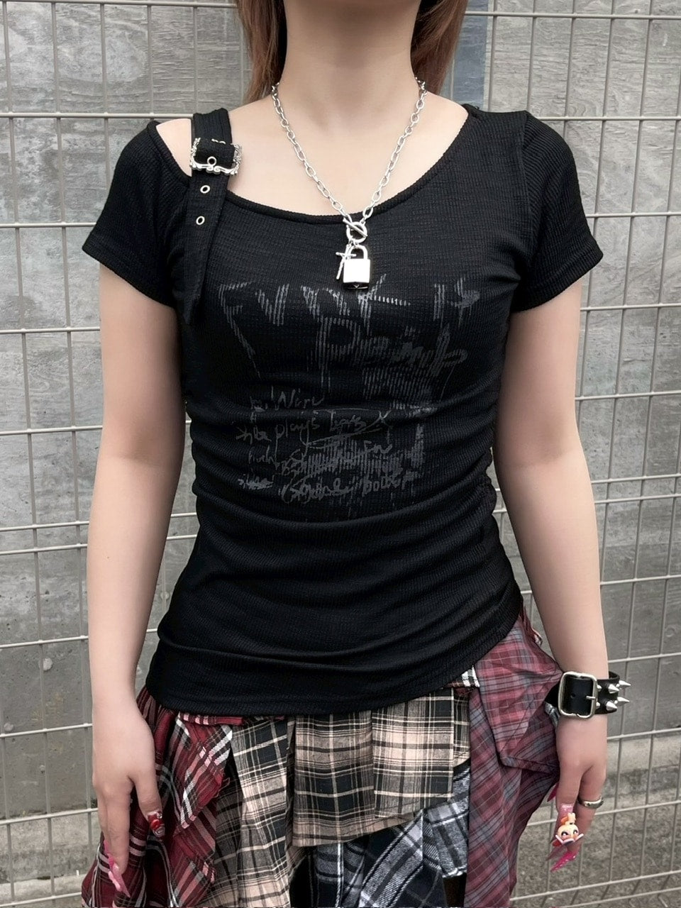 受注制【Never mind the XU】one shoulder punk tops (3color) / 【ネバーマインドザエックスユー】ワンショルダーパンクプリント半袖トップス