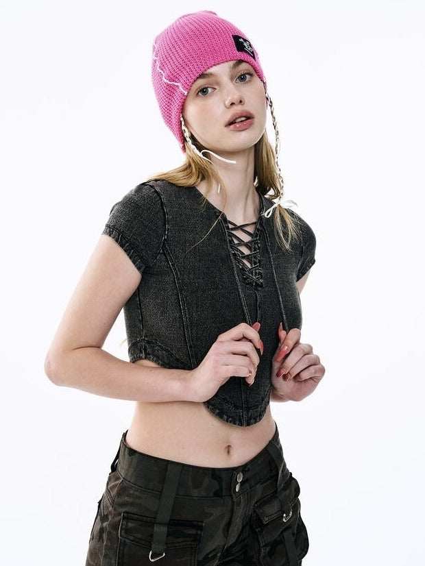 【ODDONEOUT】Washing denim Vneck top / 【オッドワンアウト】ウォッシングデニムVネック半袖Tトップス