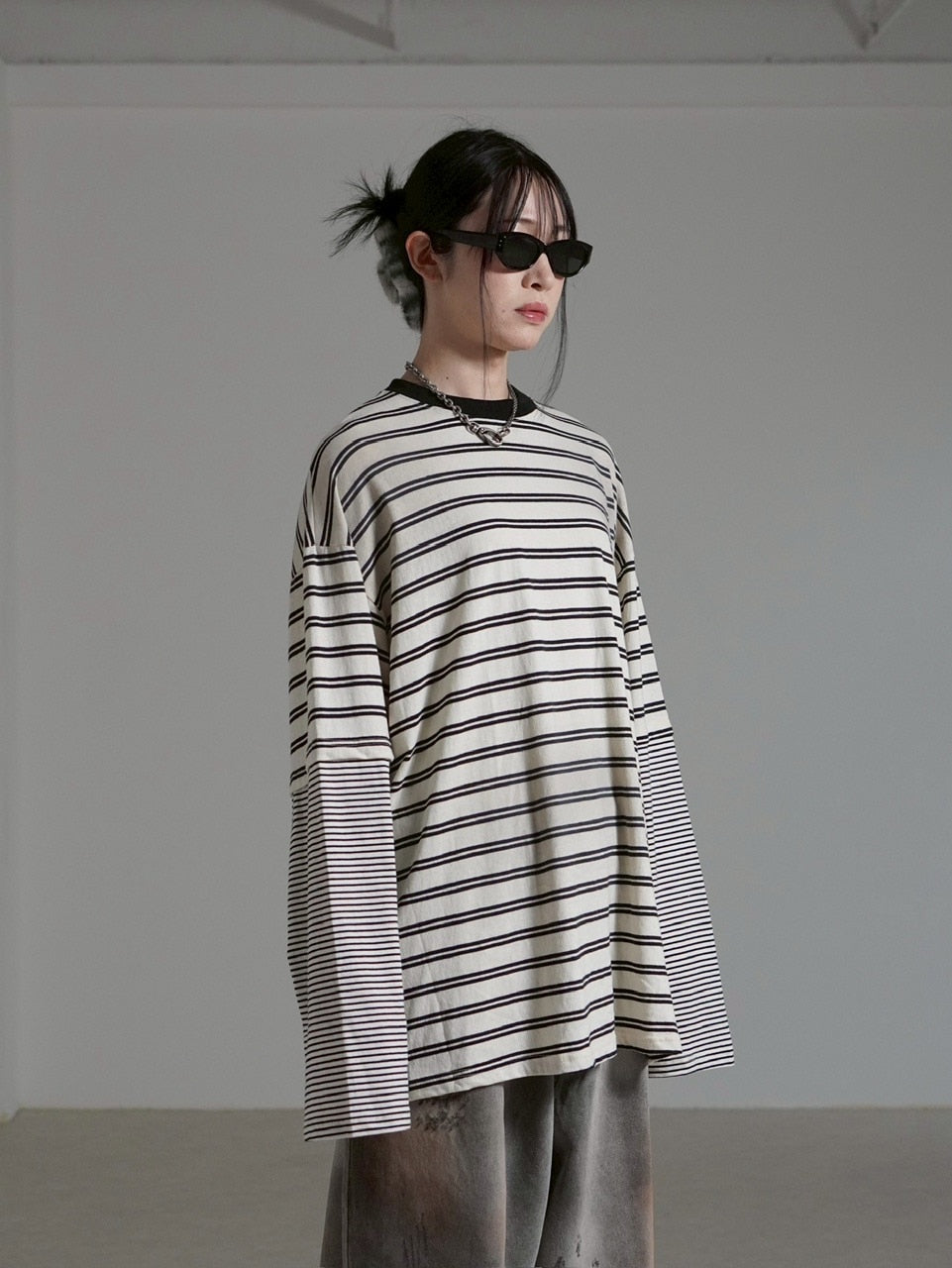 【Chikashitsu +】oversized layered border washed long sleeve / 【チカシツプラス】オーバーサイズウォッシュドレイヤードボーダー長袖Tシャツ(2color)
