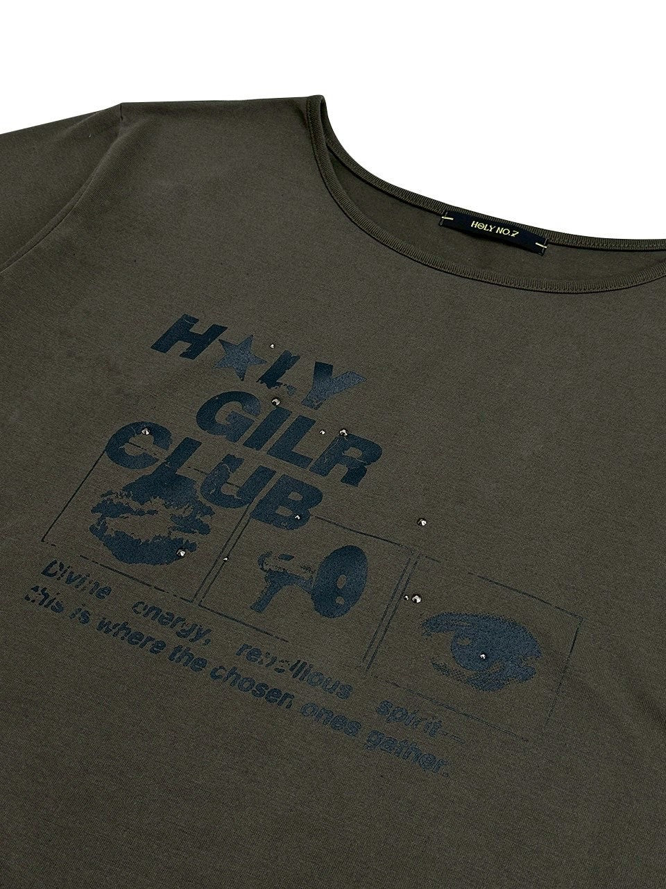 【HOLY NUMBER 7】OFF-SHOULDER HOLY GIRL CLUB GRAPHICS SHORT-SLEEVED T-SHIRT/ 【ホーリーナンバーセブン】オフショルダープリント半袖Tシャツ