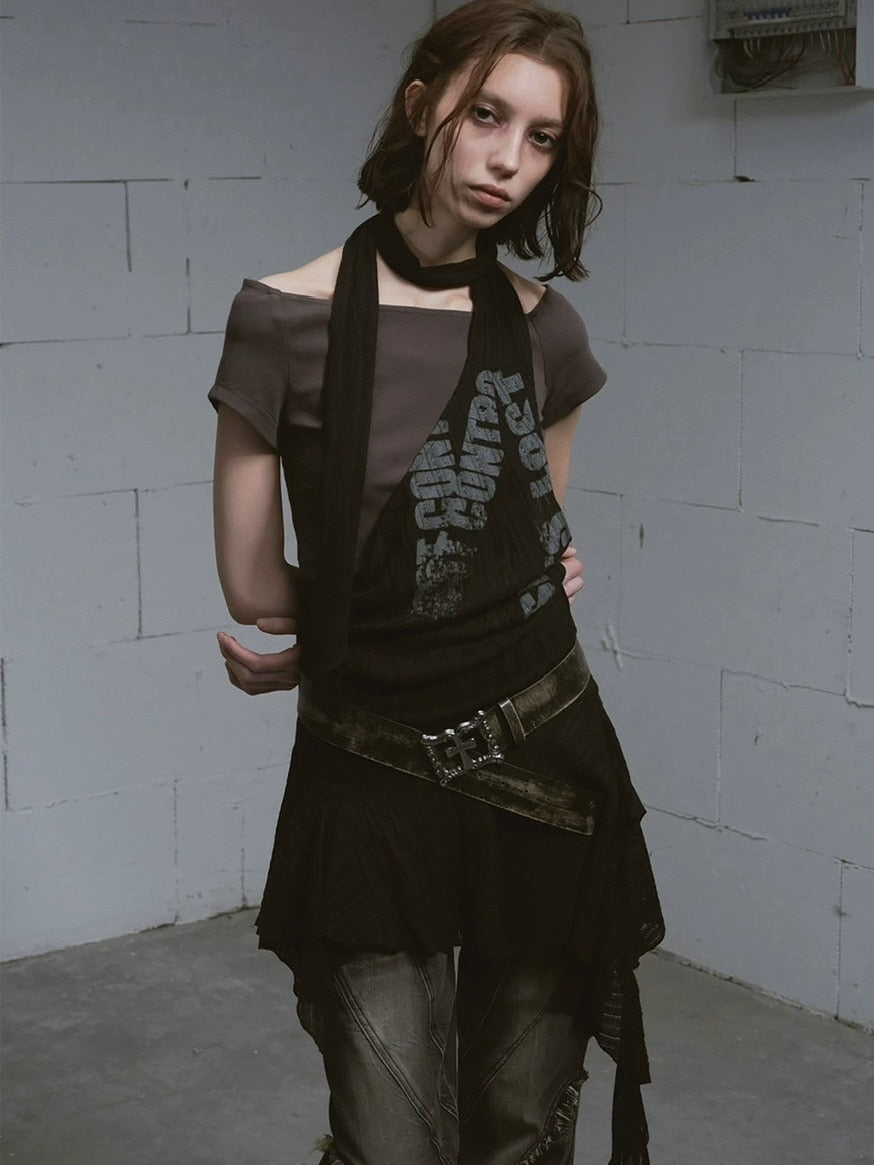 【Cest Nous】Black and Gray Short-sleeved T-shirts / 【セヌー】クロップ半袖Tシャツシアーチュニックレイヤードトップス