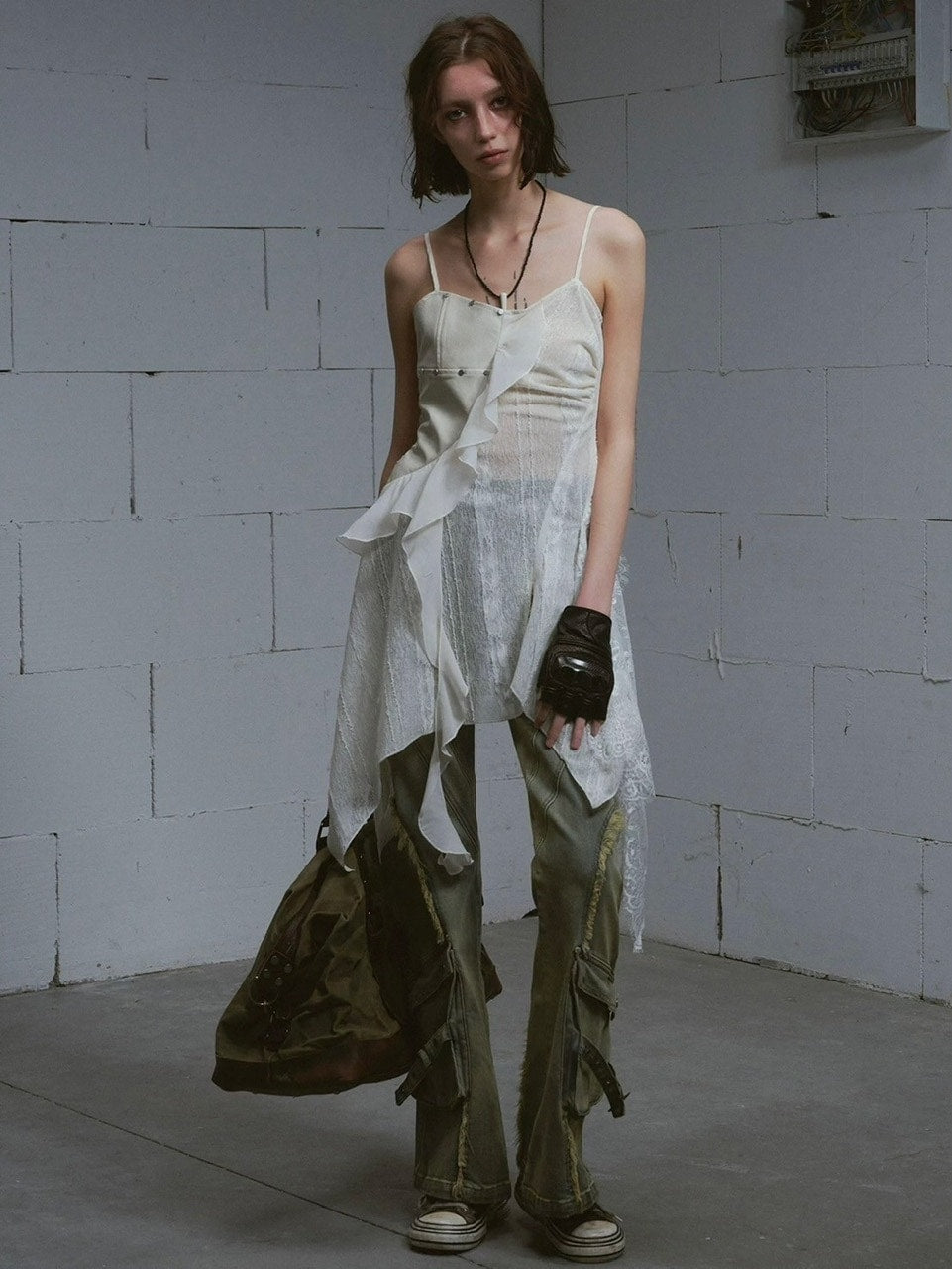 【Cest Nous】Leather lace camisole dress / 【セヌー】レザーレースシアーキャミワンピース