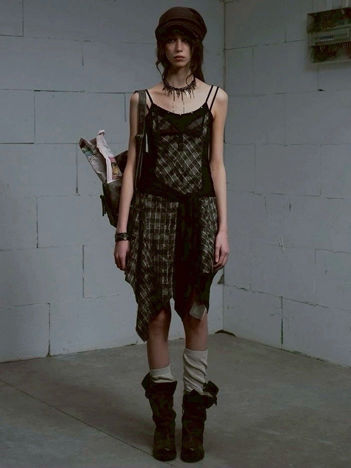 【Cest Nous】Plaid tie-strap camisole dress / 【セヌー】プリーツグレンチェックストラップキャミワンピース