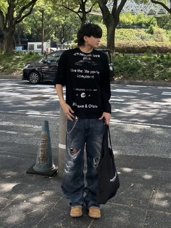 【Chikashitsu +】croque lettering long sleeve / 【チカシツプラス】モックネックレタリング長袖Tシャツ(2color)