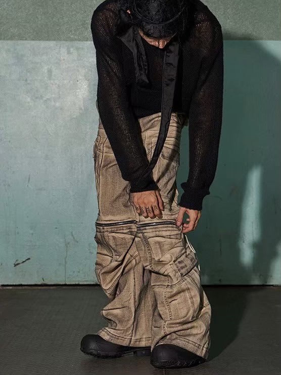 【DND4DES】DISTRESSED DRAWSTRING ADJUSTABLE ZIPPER CARGO PANTS