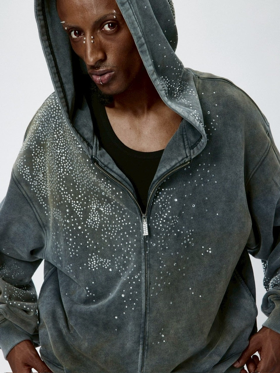 【DND4DES】DIAMOND DISTRESSED ZIP-UP HOODIE