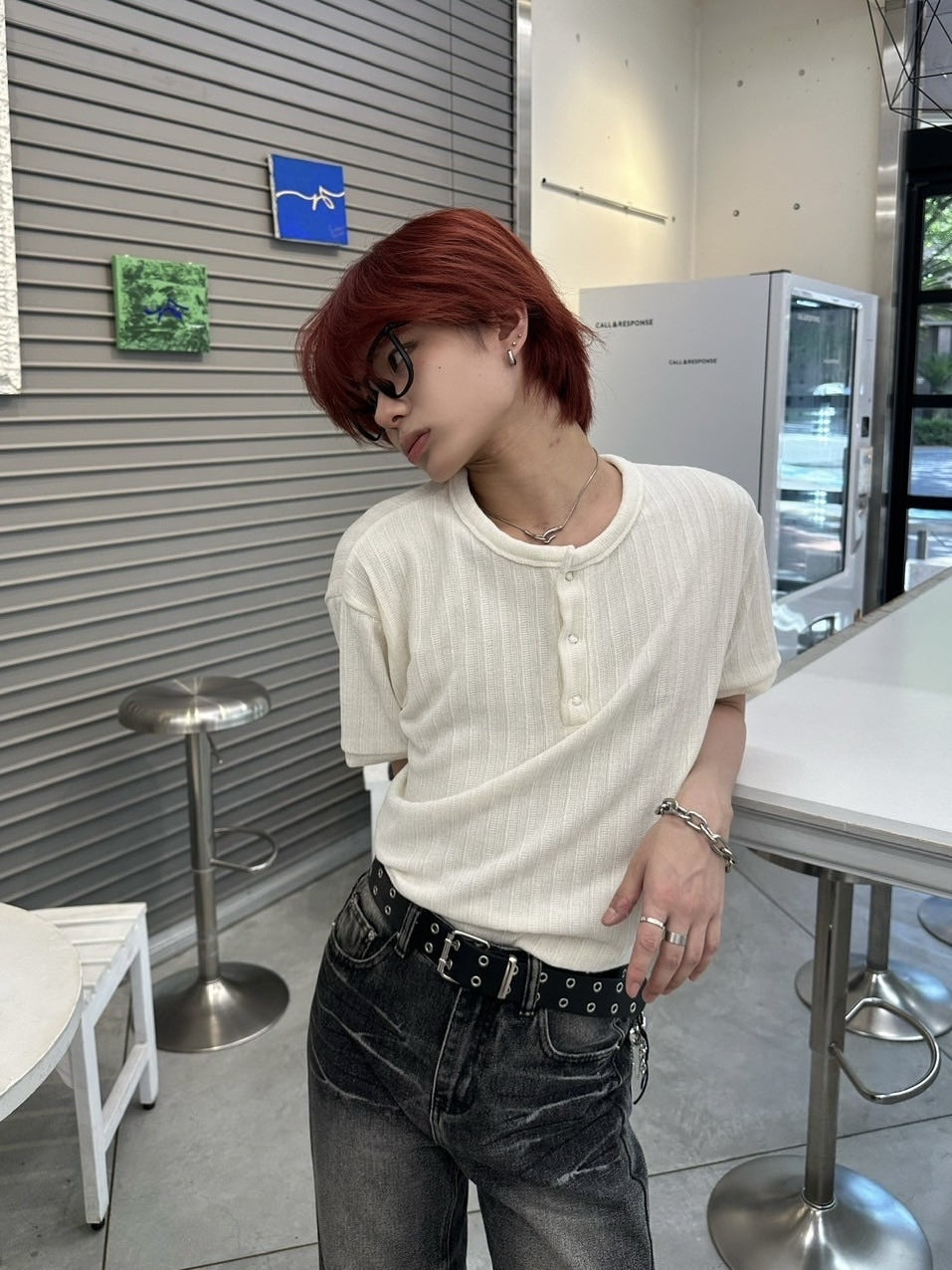 受注制【LUV CODE】henry neck half sleeve velours top (4color)