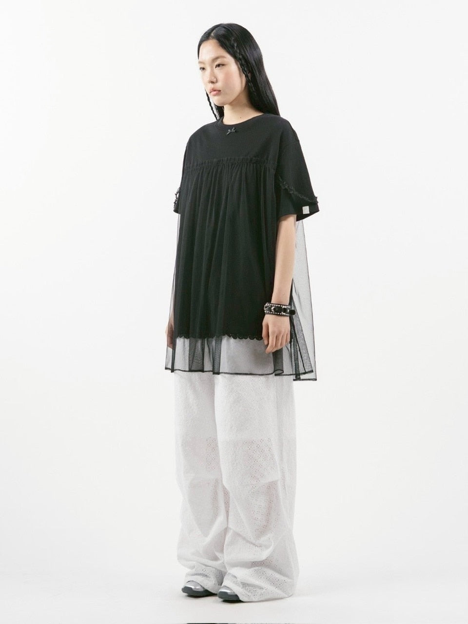 【TUOMIO】MESH LAYERED LACE T-SHIRT / 【トゥオミオ】メッシュレイヤードレース半袖Tシャツ