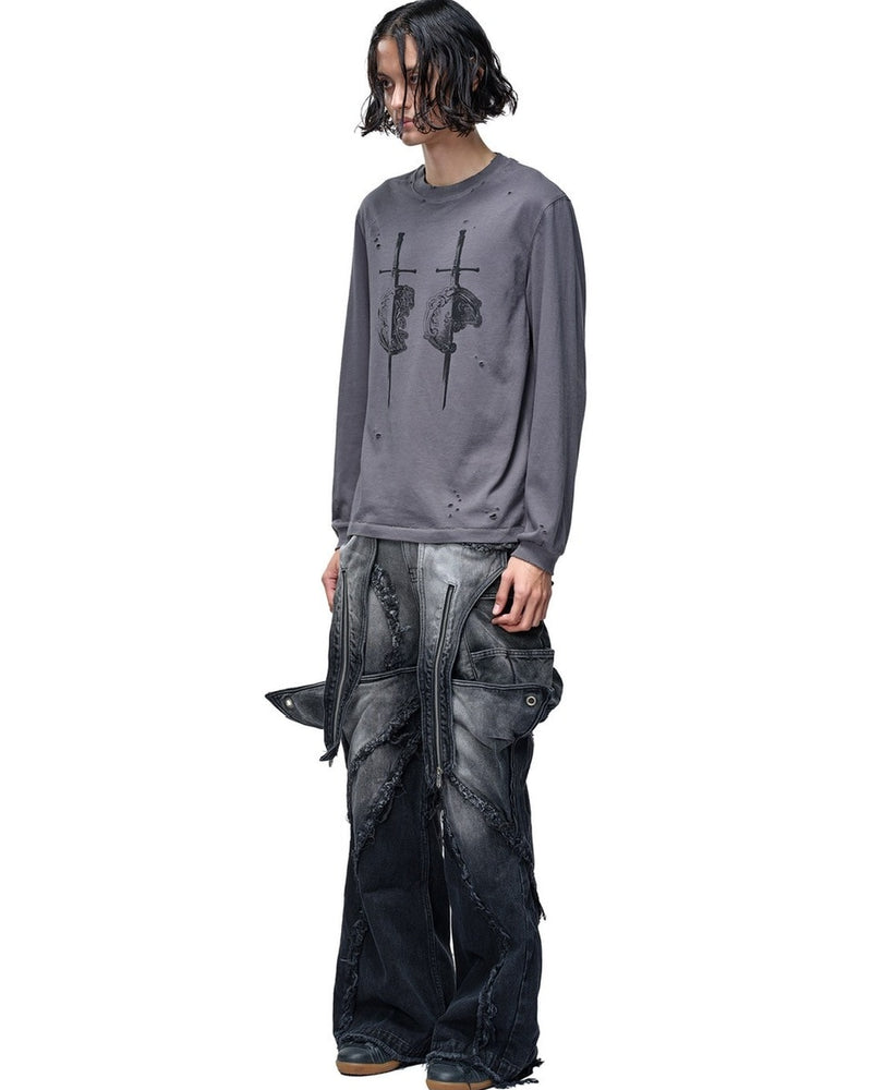 【The Boy Has No Patience】LUMINOUS DAWN SWORD & SHIELD TEE / 【ザボーイハズノーペーシェンス】ソードデザイングラフィックロゴダメージ長袖Tシャツ