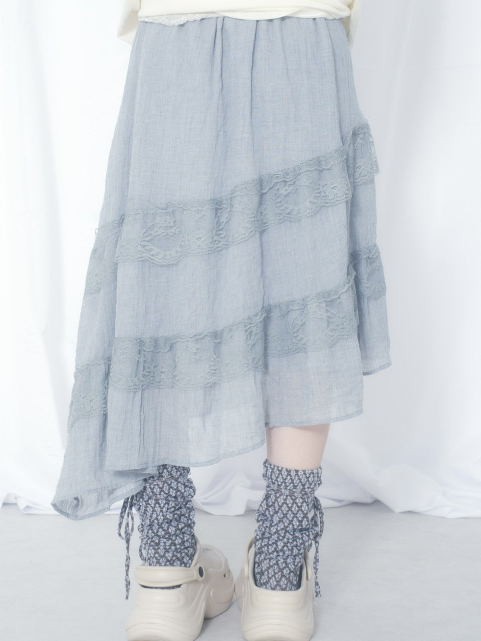 国際配送【Nerd out XU】unbalance long frill skirt (3color) / 【ナードアウトエックスユー】アンバランスロングフリルスカート