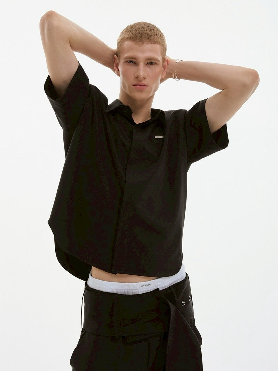 【ESC STUDIO】neat shoulder pad shirt/ 【イーエスシーステュディオ】ニートショルダーパット半袖シャツ