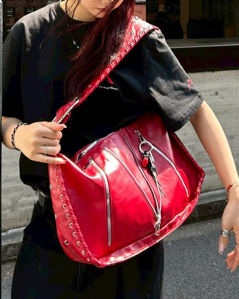 受注制【Chikashitsu +】big zip Non-leather material bag / 【チカシツプラス】ビックジップノンレザーショルダーバッグ