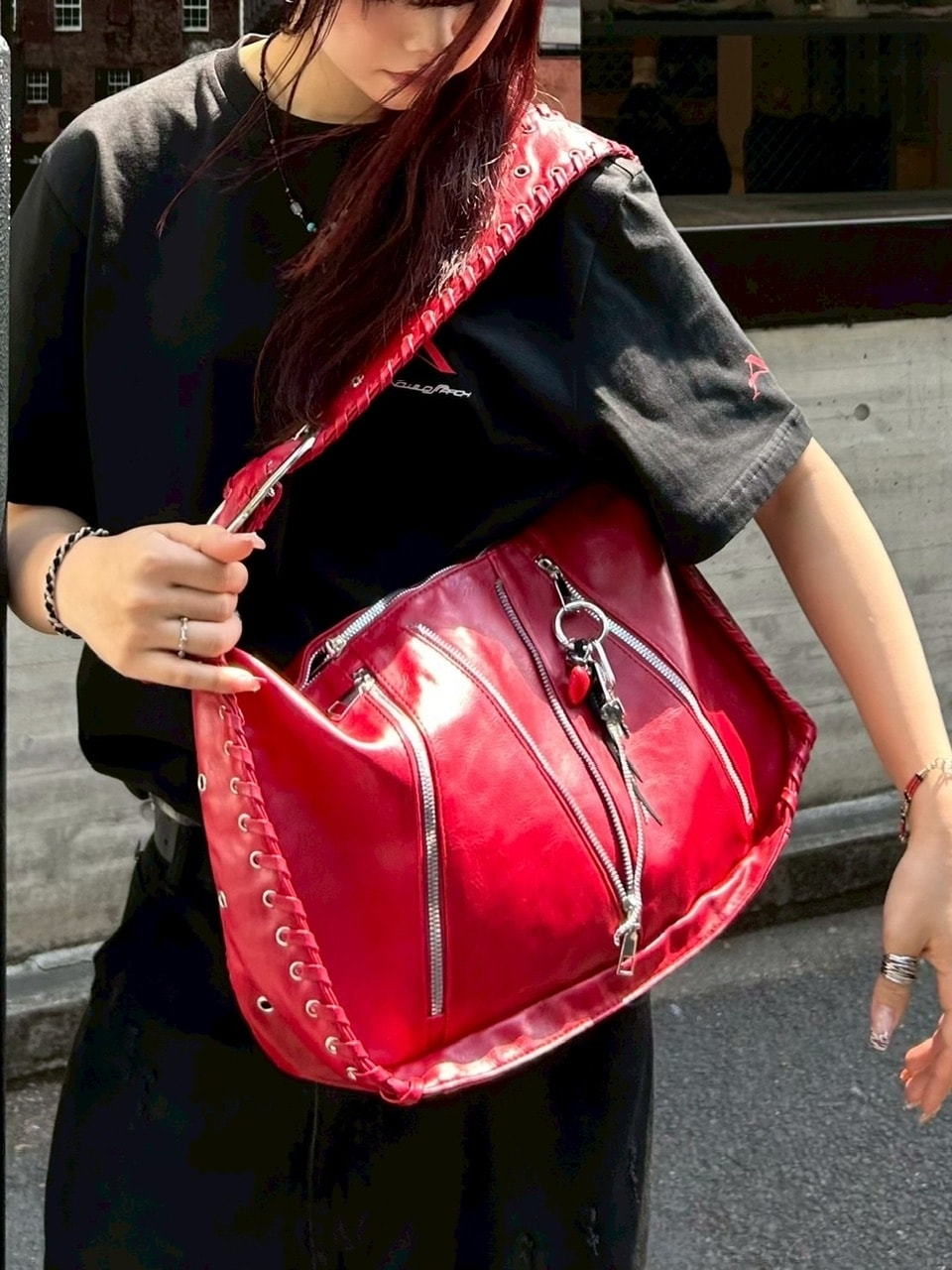 受注制【Chikashitsu +】big zip Non-leather material bag / 【チカシツプラス】ビックジップノンレザーショルダーバッグ