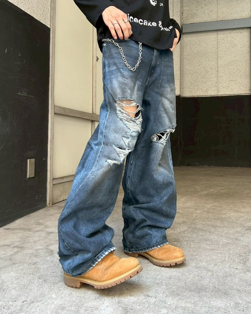 受注制【Chikashitsu +】oiled wash destroy denim pants / 【チカシツプラス】オイルドウォッシュデストロイデニムパンツ