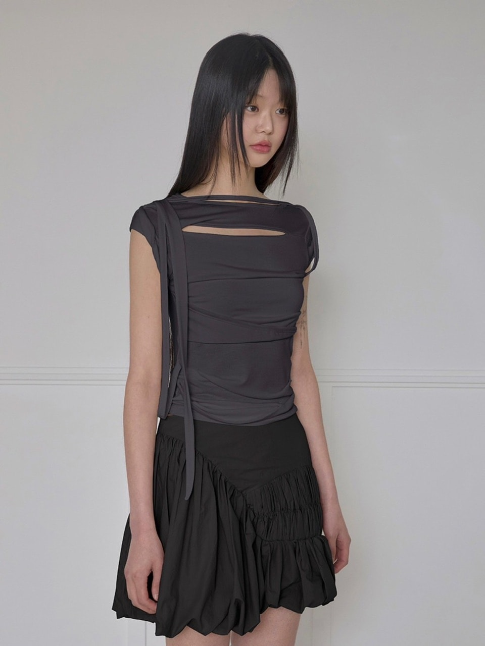 【FLAREUP】Asymmetrical Draped Strap Roll-Up T-Shirt