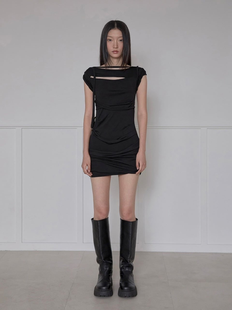 【FLAREUP】Asymmetrical Draped Strap Roll-Up Dress