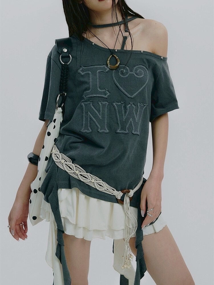 【NOT KNOWING】One Shoulder I LOVE Ruffle Top / 【ノットノーイング】ワンショルダーアイラブラッフル半袖Tシャツ
