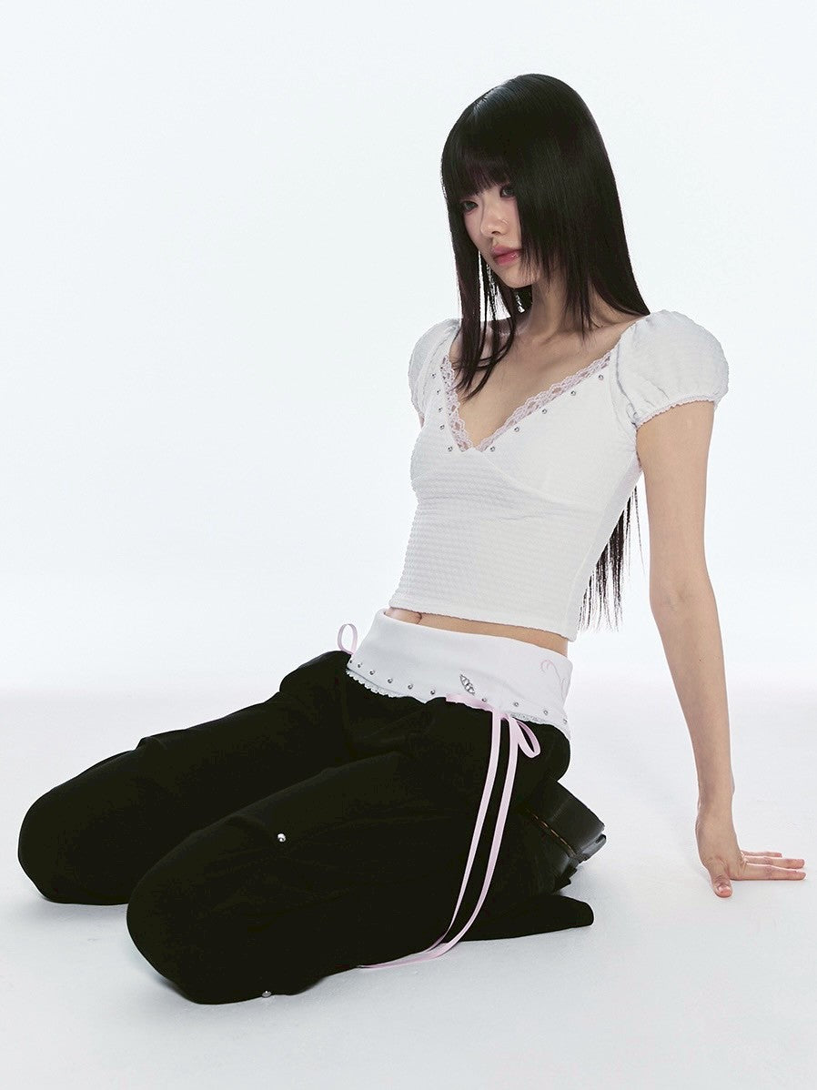 【CHERRYQUIRI】floral lace puff tee