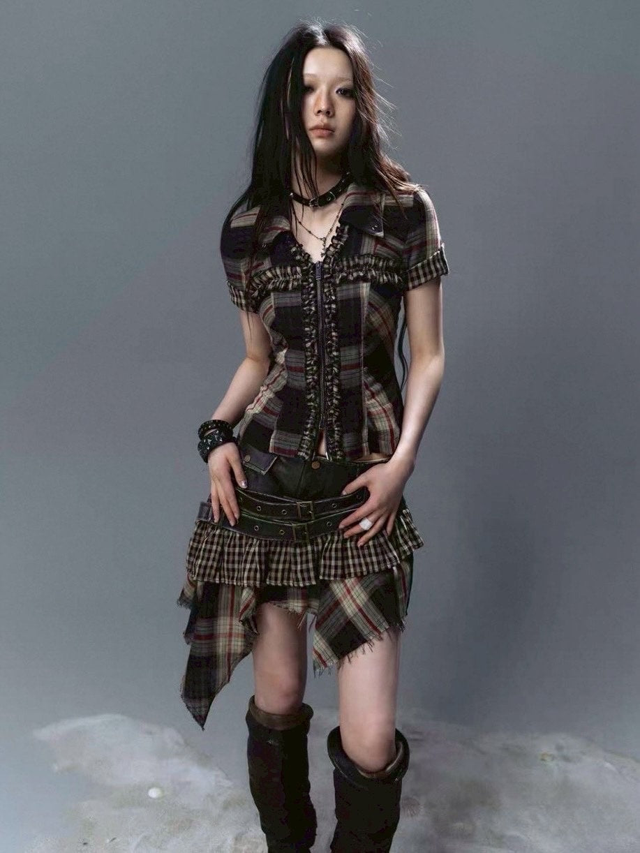 【Cest Nous】Plaid Leather Skirt / 【セヌー】ダブルベルトチェックフリルミニスカート