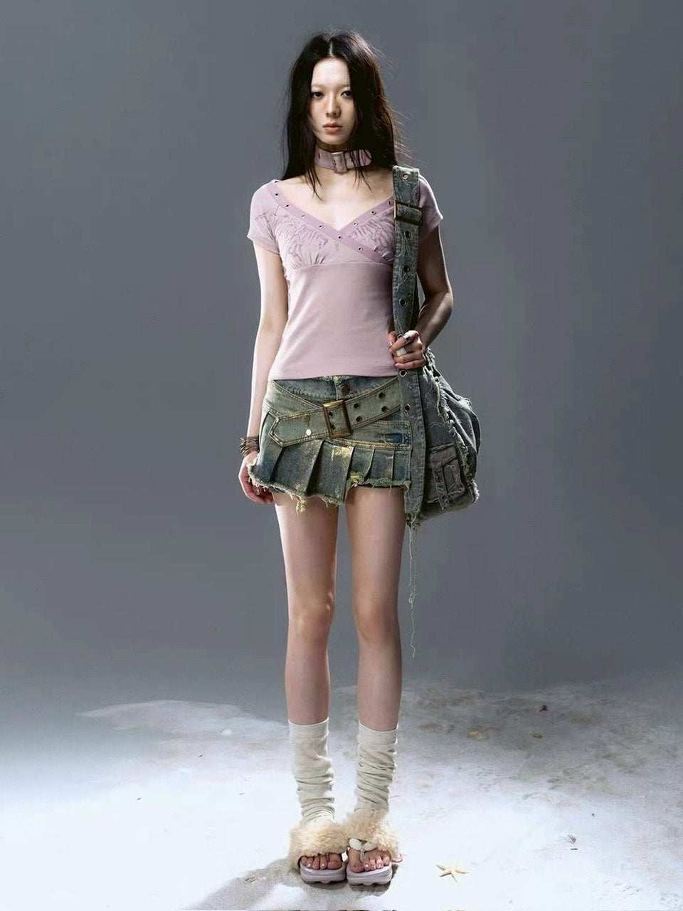 【Cest Nous】Gold-Foil Printed Skort / 【セヌー】ベルトプリーツデニムミニスカートパンツ