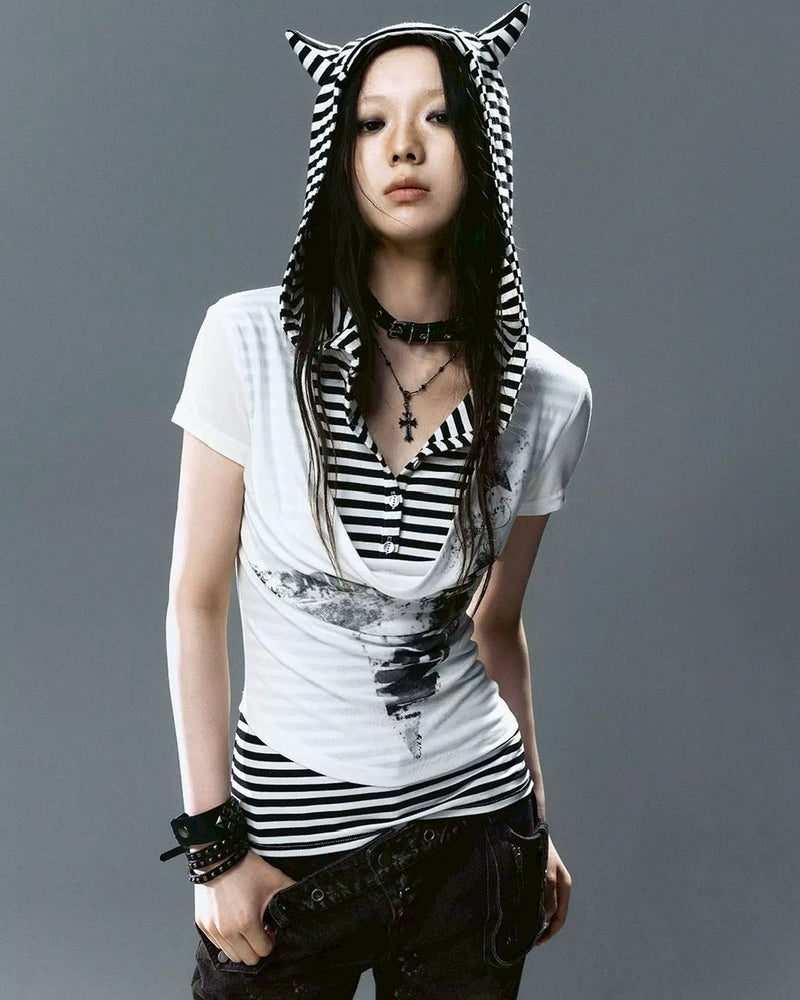 【Cest Nous】Striped Cat-Ear Top / 【セヌー】ボーダーレイヤードキャットイヤー半袖Tシャツ